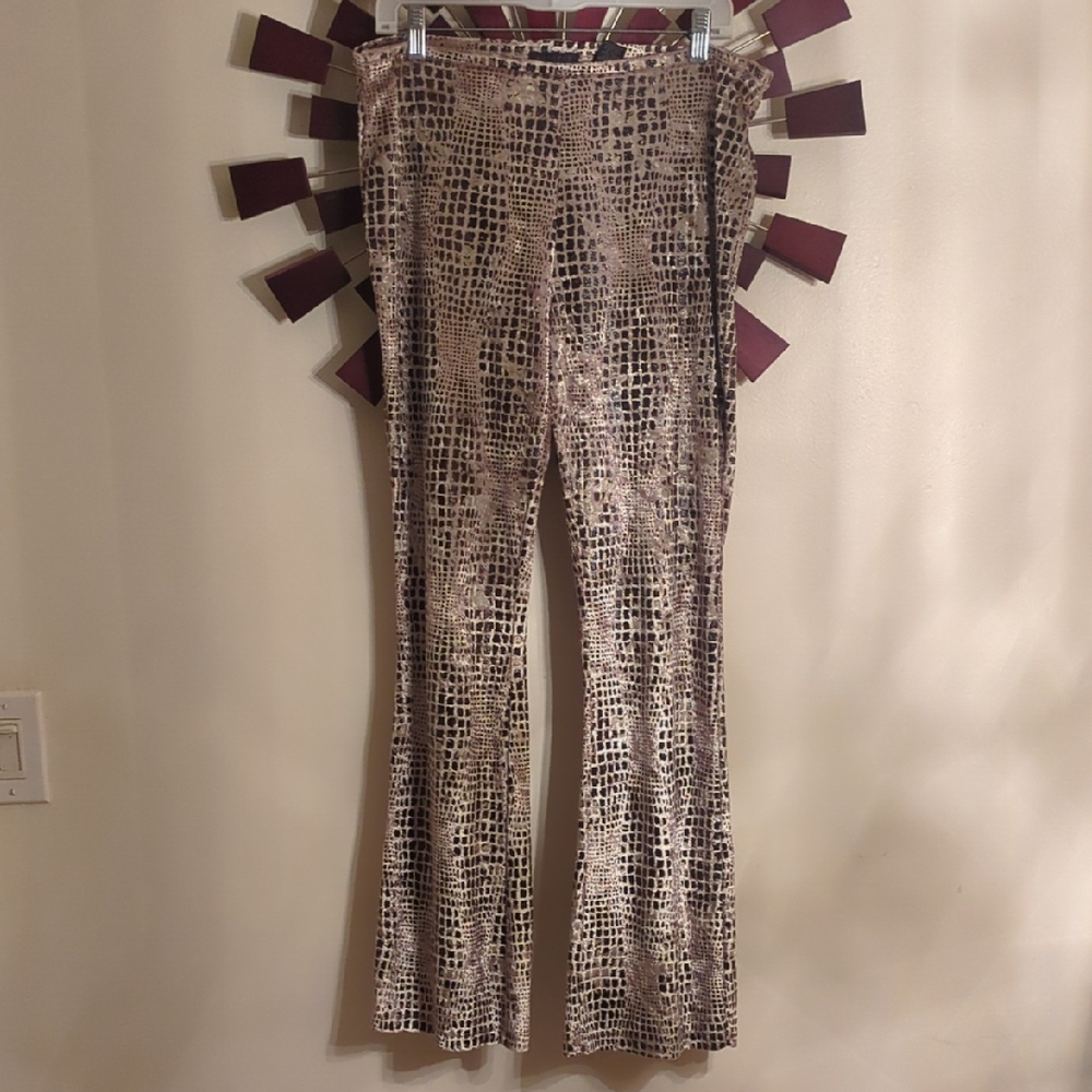 Express Croc-Print Flare Pants in Brown & Cream